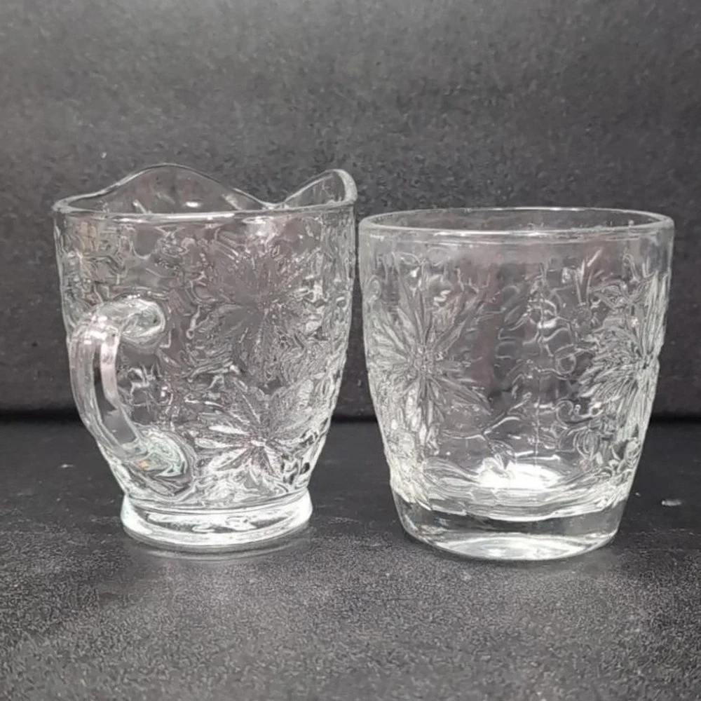 Princess House Fantasia Open Sugar Bowl‎ & Creamer Set #5242, Etched Poinsettias
